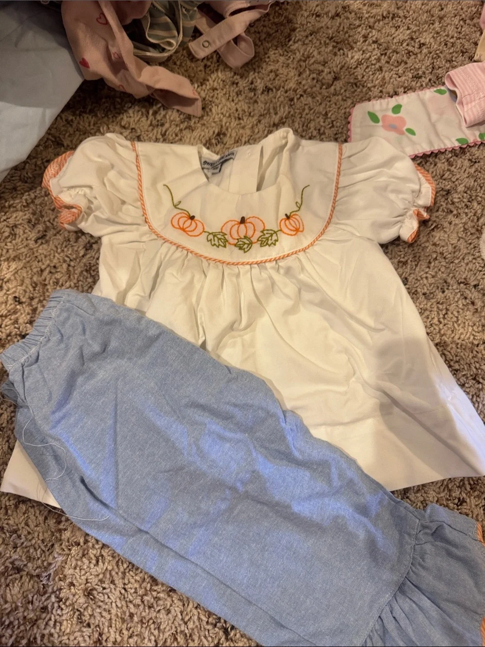 Sweet Dreams Cream Top with Orange Pumpkin Embroidery and Blue Pants
